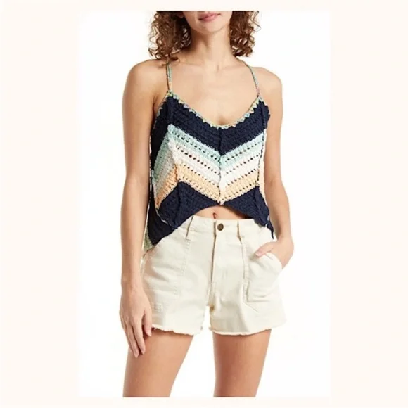 Free People Swim Up tank top blue green open knit sleeveless boho crochet - Picture 1 of 11